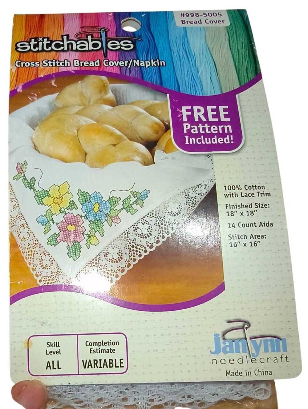 Cross Stitch Bread Cover/Napkin Janynn needlecraft #998-5005 100% cotton w lace